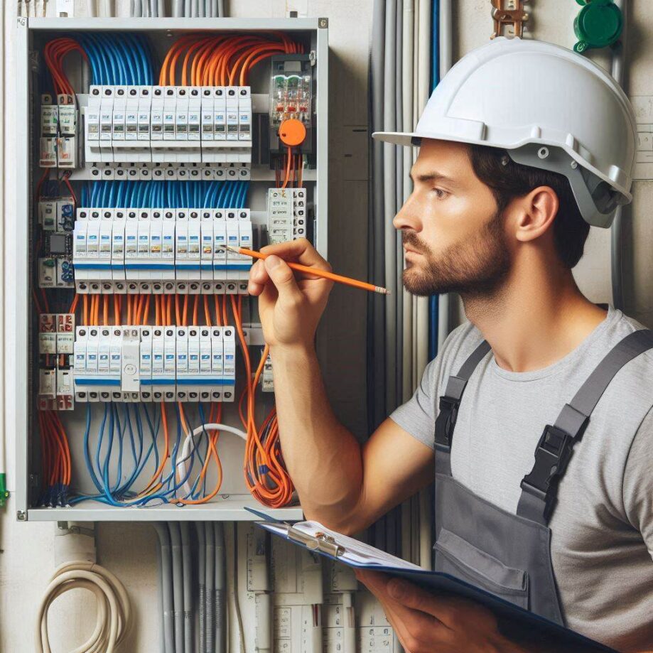 un électricien professionnel vérifiant un tableau électrique moderne, avec des câbles bien rangés et des dispositifs de sécurité conformes aux normes françaises.