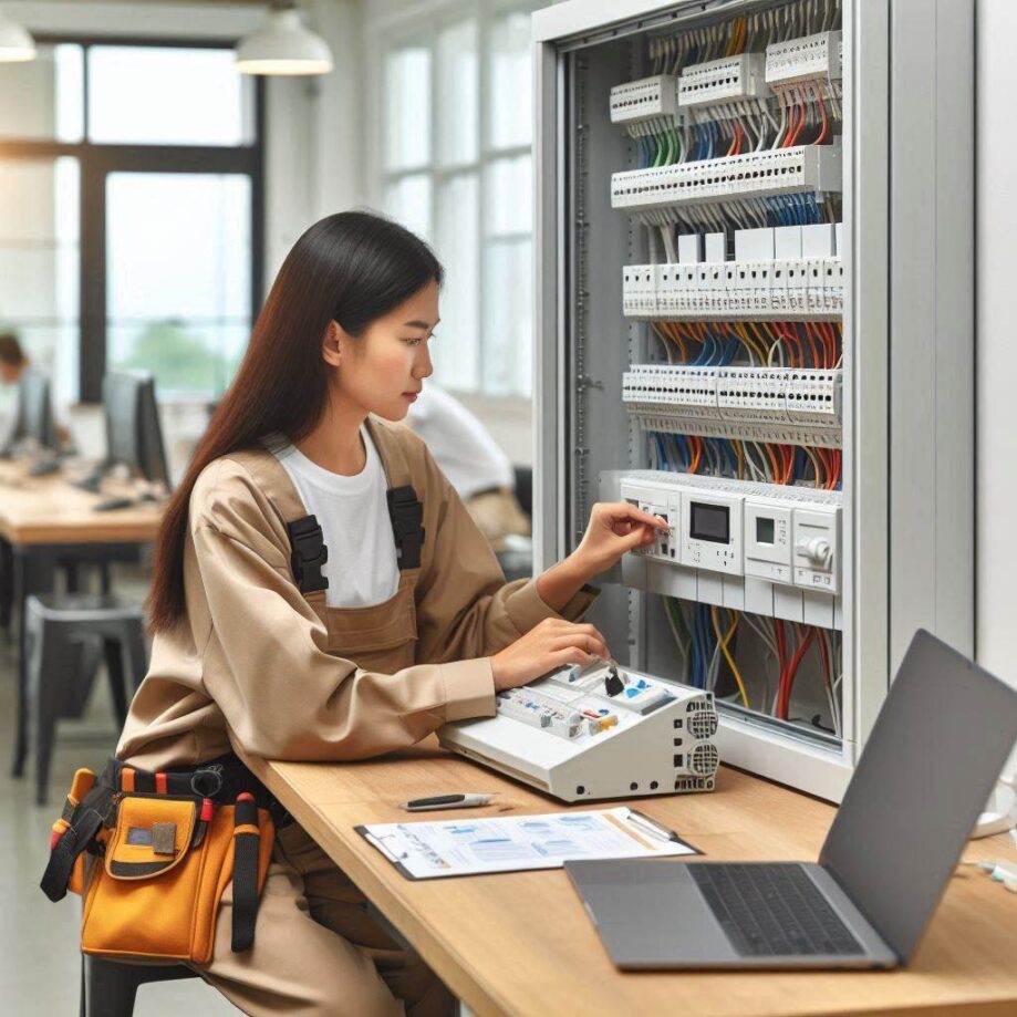 Une femme électricien qui diagnostique un tableau électrique