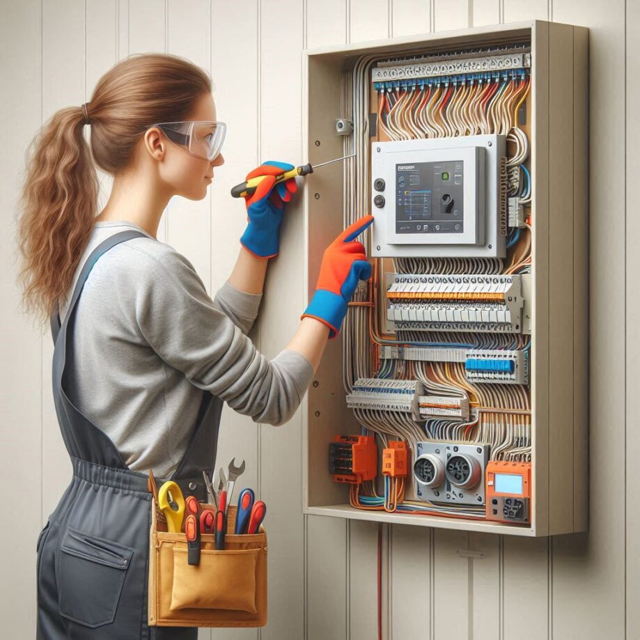 Une femme électricien qui mets aux normes françaises un tableau électrique