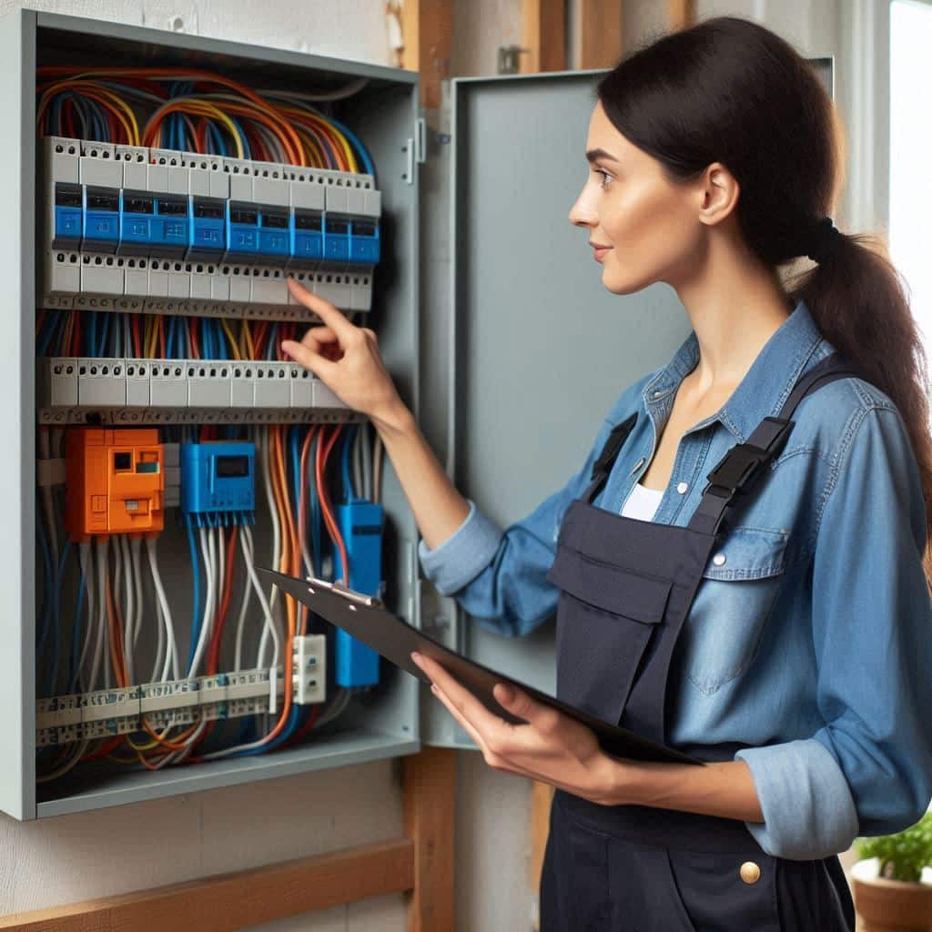 Une électricien inspectant un tableau électrique